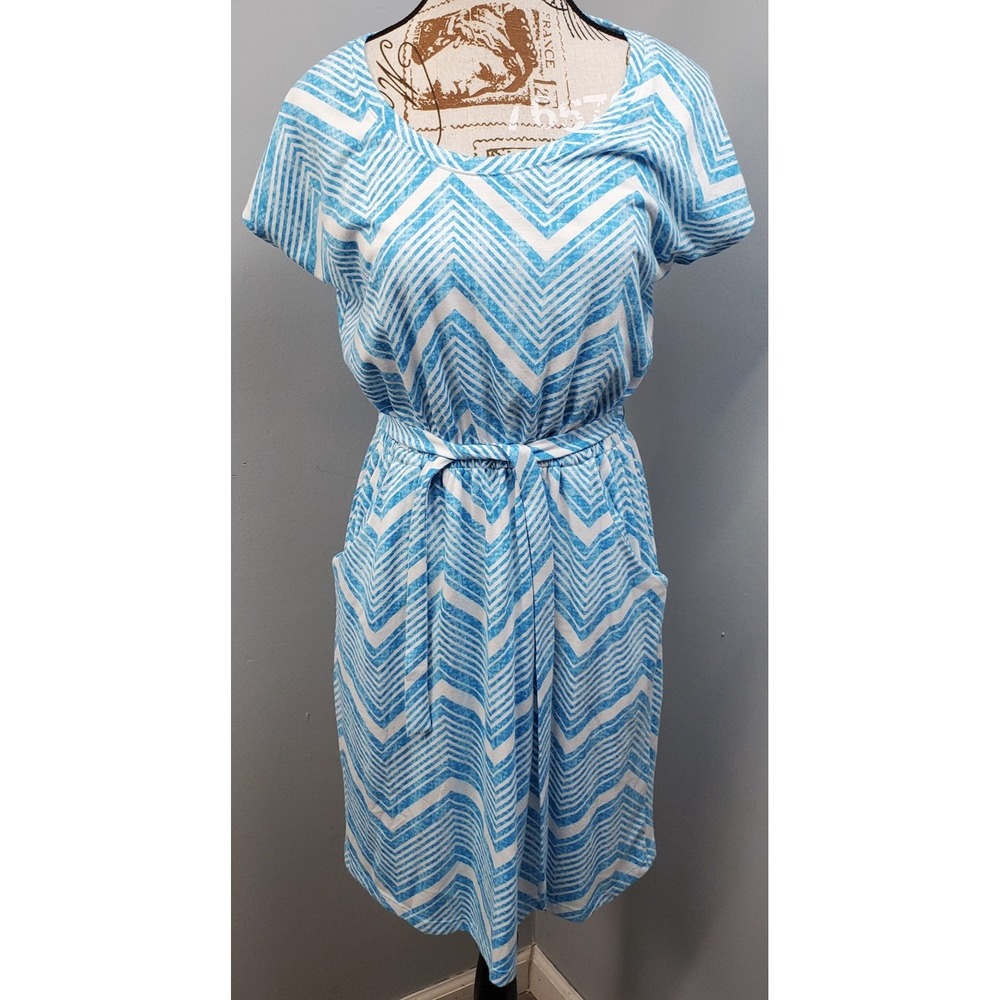 Sonoma Goods For Life Dress Womens S Blue White Chevron Short Sleeve Tie Waist
